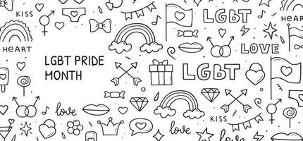 conjunto de garabatos dibujados a mano de elementos temáticos lgbt. plantilla de banner horizontal. ilustración de estilo de boceto. vector