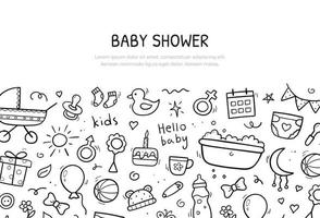 Hand drawn web banner of baby objects and elements. Background template design. Vector illustration.