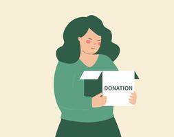 A girl holds a box of used clothes to give to the needy. Volunteer woman ready to donate or recycle old things. Concept of charity, assistance and social care participation. Vector illustration