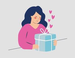 Happy woman receives a big gift with love. Young Teenage girl opens a present surprise for her birthday. Concept of women's day, valentine's day, mother's day celebration. Vector illustration