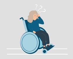 una anciana con discapacidad usa una silla de ruedas y trata de recordar algo que olvidó. abuela mayor tiene pérdida de memoria y estrés. enfermedad de alzheimer y trastornos de salud mental. vector
