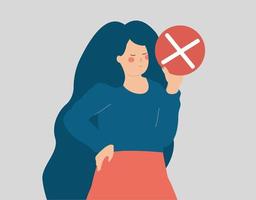 Young woman holds a circle with reject mark. Activist protests and disagrees about new laws. Rejection concept. Vector illustration.