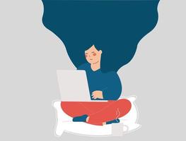 Woman sits on a pillow and drinks her morning coffee while working online. Freelancer employee working in confortable conditions at home and communicates with clients and friends in social media. vector