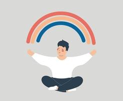 Happy man sits in yoga lotus pose with outstretched arms to create positive vibes around him. Teenage male open his arms to the rainbow and enjoys his life freedom. Mental health wellbeing concept. vector