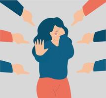 Depressed young woman victim of abuse and bullying. Teenage female teenage crying and surrounded by big fingers to blame her. Stop mental and physical violence concept. Mental health awareness. vector