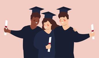 Graduated students wearing the academic gown and holding their diplomas. Happy friends from different ethnicities or nationalities celebrating graduation in their university uniform. Vector stock