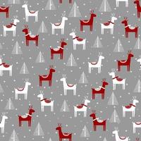 Seamless pattern with geometric snowy trees and reindeers. Red and white nature illustration. Cute winter seamless background. vector