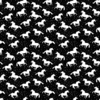 Seamless white unicorn pattern on black background with stars. Print funny for fabric, paper and web. vector