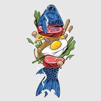 plato de pescado con ilustración de fideos vector