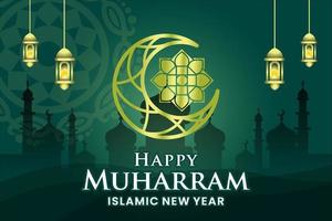 Green islamic new year banner with moon and flowers background vector