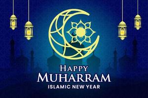 Blue islamic new year banner with flower moon and mosque background vector