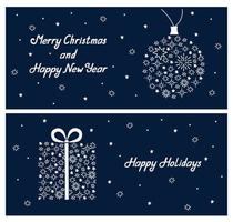 tarjetas de felicitación de año nuevo con regalo de navidad y siluetas de bolas. copos de nieve y formas de estrellas fondo de garabato dibujado a mano. plantilla de banner de invierno para web e impresión vector