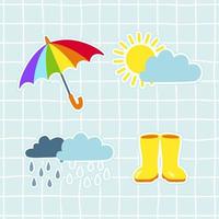 Monsoon stickers set. Autumn weather illustrations with sun, clouds and rain, umbrella and rain boots. Flat vector illustration