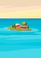 Seascape with red house on island. Natural landscape in vertical format. vector