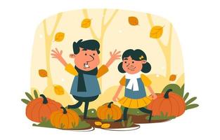 niños cazando calabazas para halloween vector