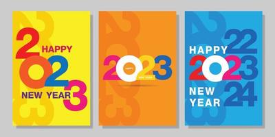 2023 colorful set of Happy New Year posters. Design templates for celebration and season decoration using the typographic logo 2023. Trendy minimal backgrounds for branding, banners, covers vector