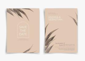 Brown wedding card or invitation card with leaf theme front side and back side. Nature wedding card. Nature cover. Wedding card template. vector