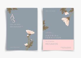 Blue and pink wedding card or invitation card with white flower and leaf theme front side and backside. Nature wedding card. Nature cover. Wedding card template. vector