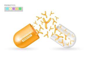 Probiotics lactic acid bacterium in milk, yogurt. Lactococcus orange inside capsule transparent. Health benefits of taking probiotics. Digestion healthcare medical concept. Vector EPS10.