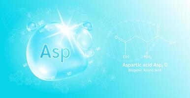Water drop Important amino acid Aspartic acid Asp, D and structural chemical formula. Aspartic on a blue background. Medical and scientific concepts. 3D Vector Illustration.