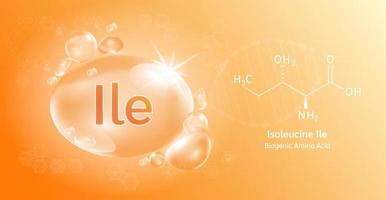 Water drop Important amino acid Isoleucine Ile and structural chemical formula. Isoleucine on a orange background. Medical and scientific concepts. 3D Vector Illustration.