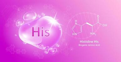 gota de agua importante aminoácido histidina his y fórmula química estructural. histidina sobre un fondo violeta. conceptos médicos y científicos. Ilustración vectorial 3d. vector
