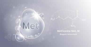 Water drop Important amino acid Methionine Met, M and structural chemical formula. Lysine on a grey background. Medical and scientific concepts. 3D Vector Illustration.