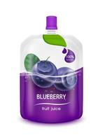 Blueberry juice jelly drink in foil pouch with top cap and design of blueberry fruit purple packaging mock up. Isolated on a white background. Realistic 3D vector EPS10 illustration.