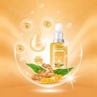 Turmeric root Serum Extract, Collagen and Vitamin. Oil for skin care herb organic medical. Realistic Vector EPS10.