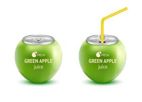 Refresco de jugo de manzana verde fresco con lata de aluminio con tapa y paja para beber. Aislado en un fondo blanco. concepto de bebida de fruta saludable. ilustración vectorial 3d realista eps10. vector
