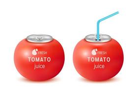 refresco de jugo de fruta de tomate fresco con lata de aluminio con tapa y pajita para beber. Aislado en un fondo blanco. concepto de bebida de fruta saludable. ilustración vectorial 3d realista eps10.