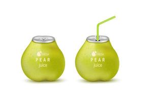 Fresh pear juice soft drink with lid aluminum can and drinking straw. Isolated on a white background. Healthy fruit drink concept. Realistic 3D vector EPS10 illustration.