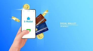 Hand holding smartphone with Digital wallet application. Credit card and coin. Secure mobile banking finance concept. Money transfers financial transactions. On blue background vector EPS10.