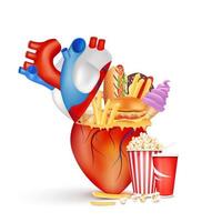 Foods that are bad for the heart. Diet dangerous coronary fitness. Unhealthy heart. With human cardiovascular anatomy. Medical and health concepts. Isolated on white background 3D vector. vector