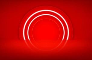 Empty red studio and a recess illuminated by lanterns neon lights. Free space for product presentation. Red background abstract. 3D Vector illustration.