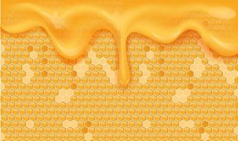 fondo de panal amarillo naranja. colmena con celdas de rejilla hexagonal y gotas de miel dulce que fluyen. textura transparente geométrica. ilustración vectorial 3d realista.