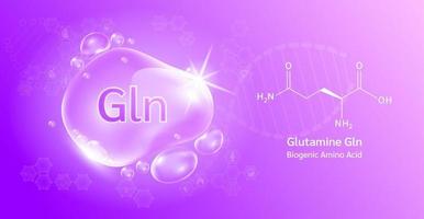 Water drop Important amino acid Glutamine Gln and structural chemical formula. Glutamine on a purple background. Medical and scientific concepts. 3D Vector Illustration.