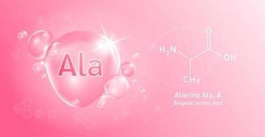 Water drop Important amino acid Alanine Ala, A and structural chemical formula. Alanine on a pink background. Medical and scientific concepts. 3D Vector Illustration.