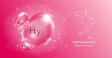Water drop Important amino acid Hydroxylysine Hyl and structural chemical formula. Hydroxylysine on a red background. Medical and scientific concepts. 3D Vector Illustration.