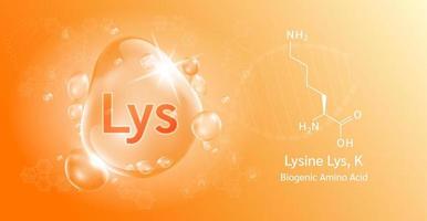 Water drop Important amino acid Lysine Lys, K and structural chemical formula. Lysine on a orange background. Medical and scientific concepts. 3D Vector Illustration.