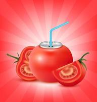 refresco de jugo de tomate fresco con tapa de lata de aluminio y paja para beber. aislado en un fondo rojo. concepto de bebida de fruta saludable. ilustración vectorial 3d realista eps10. vector