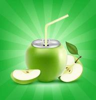 Refresco de jugo de manzana fresco con tapa de lata de aluminio y paja para beber. aislado en un fondo verde. concepto de bebida de fruta saludable. ilustración vectorial 3d realista eps10.