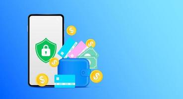 Digital wallet application on mobile and internet banking. Online payment security via credit card. Online money transaction concept. Vector EPS10.