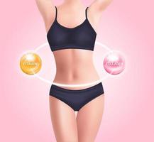 Perfect slim toned young body with dietary fiber lower cholesterol level. Slim foods and vitamin collagen healthy supplement. Beautiful woman's body. 3D Vector EPS10. On a pink background.