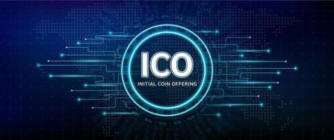 oferta inicial de monedas ico. en una cadena de bloques de interfaz de usuario electrónica digital. fondo futurista con mapa del mundo. concepto de negocio, tecnología, internet y red. eps10 vectoriales. vector