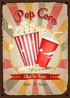 Pop corn vintage restaurant sign. Fast food vintage poster. Retro design with big hamburger on old metal background red and turquoise colors. Wall decoration printing media. Vector EPS10.