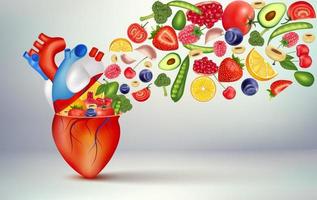 mejor alimento para un corazón sano. nutrientes esenciales para la salud del corazón humano principal. carácter de corazón fuerte. dieta frutas y verduras. conceptos médicos y de salud. aislado sobre fondo blanco vector 3d.