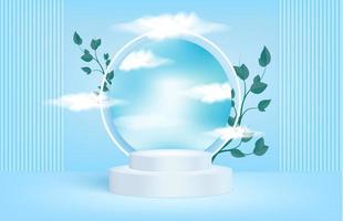 Abstract blue studio background podium scene with leaf geometric platform, Mirror reflecting the sky and clouds for cosmetic product. 3D Vector illustration. Art minimal style concept.