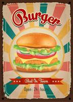 Burgers vintage restaurant sign. Fast food vintage poster. Retro design with big hamburger on old metal background red and turquoise colors. Wall decoration printing media. Vector EPS10 illustration.