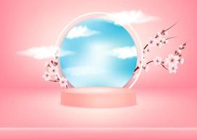 Abstract pink studio background podium scene with leaf geometric platform, Mirror reflecting the sky clouds and sakura for cosmetic product. 3D Vector illustration. Art minimal style concept.